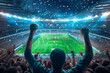 A large soccer stadium filled with cheering fans, with the camera focused on one of them holding up their hands in celebration as they watch an epic goal 