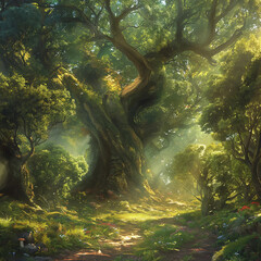 The Majestic Ancient Fantasy Forest, green wild, and sunlight