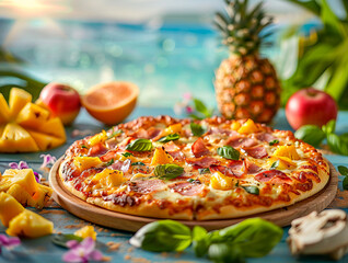 Close-up shot of a slice of Pineapple Paradise Pizza, showcasing its golden-brown crust, gooey cheese, and mouthwatering toppings