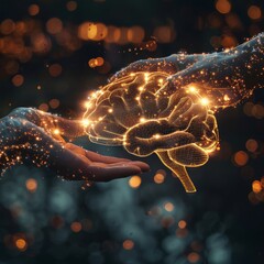 Poster - A brain is being held by two hands, with the brain glowing in the dark. Concept of wonder and curiosity about the workings of the human mind