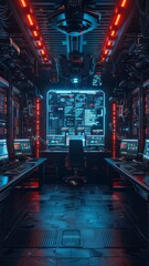 Poster - A futuristic room with a large computer monitor and several other monitors. The room is dimly lit and has a futuristic feel to it