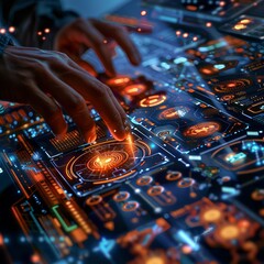 Poster - A person is typing on a computer keyboard with a glowing screen in the background. Concept of technology and modernity, as well as the idea of communication and productivity