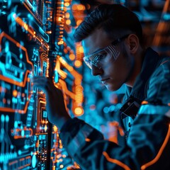 Aufkleber - A man wearing goggles is looking at a computer monitor with a blue and orange background. He is focused on the screen, possibly working on a project or troubleshooting a problem