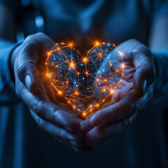 Poster - A person is holding a heart made of light. The heart is surrounded by a network of lines, giving it a futuristic and abstract appearance. Concept of wonder and awe