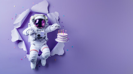 Wall Mural - A floating astronaut with a whimsical birthday cake against a cosmic purple background evokes joy and celebration