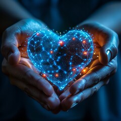Poster - A person is holding a heart made of light and blue. The heart is surrounded by a network of lights, giving it a futuristic and otherworldly appearance. Concept of wonder and awe