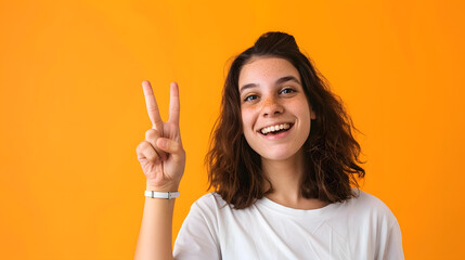 Wall Mural - Photo of young woman happy positive smile point finger empty space billboard ad advice choice isolated over orange color background : Generative AI