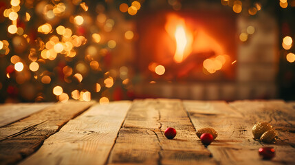 Poster - Empty wooden table on Christmas background with fireplace Copy space : Generative AI