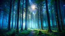 Glowing Orbs And Soft Blue Light Emanate From A Mystical-looking Forest At Night Or Twilight, Creating An Ethereal, Almost Otherworldly Atmosphere.AI Generated.