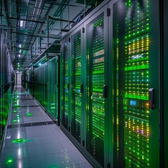 Poster - A row of computer servers are lit up green. The servers are in a large room with a green floor