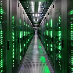 Poster - A long hallway with green lights on the walls