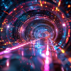 Poster - A colorful tunnel with neon lights and reflections. The tunnel appears to be a futuristic, sci-fi setting