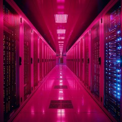Poster - A long hallway with pink walls and blue lights