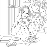 Fototapeta Pokój dzieciecy - Vector illustration, beautiful girl drinks coffee in a summer cafe