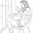 Vector illustration, beautiful girl drinking coffee in the kitchen