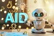 futuristic AI robot character with a smiling digital face a light bulb floating above