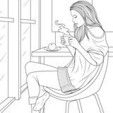 Fototapeta Pokój dzieciecy - Vector illustration, beautiful girl drinking coffee in the kitchen