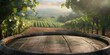 Wooden barrel surface with a breathtaking view of vineyard rows basking in the sunset's glow