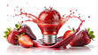 The conceptual composition shows a red light bulb surrounded by strawberries and spraying a dynamic red liquid. The striking contrast and reflective surface enhance the visual impact of the setting.AI