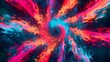 A burst of neon colors explodes outwards in an abstract pattern resembling a psychedelic swirl.