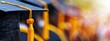 © SKIMP Art - Black graduation cap with yellow tassel on blurred background, closeup A high school or college student is at the university for a ceremony in the concept of education Generative AI