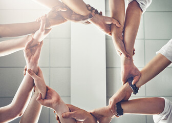 Poster - Circle, teamwork and hands together for group synergy, collaboration and problem solving in engineering project. Sustainable, energy and power or workflow for support and cooperation in low angle