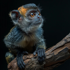 Colorful ghost-eye monkey, ghost-eye monkey on a thick tree branch