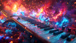 rock music instruments exploding with colorful splash, generative Ai