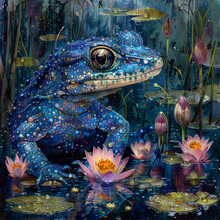 A Mystical Blue Salamander With Jewel-like Texture Rests By Night-blooming Lotus Flowers, Under A Magical Moonlit Pond With An Ethereal Glow, Encapsulating A Dreamlike Fantasy Ambiance.