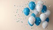 blue and white helium balloons with confetti