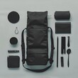 Flat lay composition with backpack and other camping equipment for tourism
