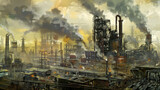 Fototapeta Desenie - Industrial landscape of ancient plants and facturies, with chimneys, pipes and heavy smoke, smog, pollution and environmental disaster