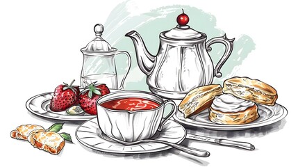 Set of traditional British cream tea with teapot, a cup of tea on a saucer, two scones with jam and cream on a plate, butter knife. Doodle afternoon tea,tea party, buttermilk biscuits background.
