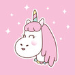 New unicorn head. Vector cartoon white unicorn. Cute baby patch. Shining stars on pink background. Smiling lovely pet.  Horse with pink mane and rainbow horn. Flat design. Cut out character