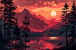 camping site on evening sunset vista illustration drawings with pine trees and red sky