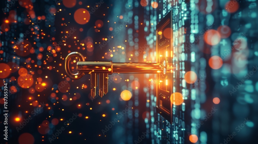 A photorealistic image of a key unlocking a vault overflowing with ...