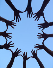 Aufkleber - Hands, group and silhouette for support huddle, low angle of collaboration for team building and people outdoor. Partnership, solidarity and community together on sky background, synergy and trust