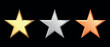 Golden, bronze, silver glossy metallic stars 3d realistic style. Leadership, game award, customer feedback symbol vector illustration isolated on black background