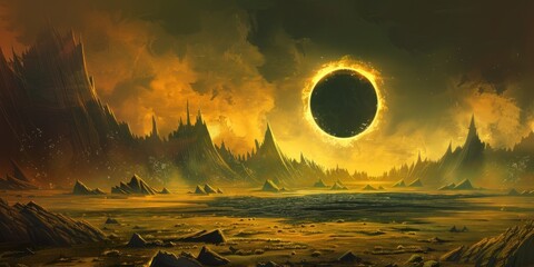 Canvas Print - A digital painting of a fantasy landscape with a partial solar eclipse as the central focus. 