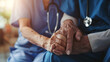 Cropped shot of a female nurse hold her senior patients hand Giving Support Doctor helping old patient with Alzheimers disease Female carer holding hands of senior man : Generative AI
