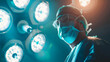 Portrait of a surgeon in the operating room against the background of a lamp the doctor performs an operation the fight against cancer and malignant tumors modern medicine copy space : Generative AI