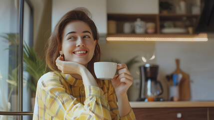 Poster - Portrait of happy freelancer lady enjoying cup of hot coffee in kitchen and smiling at camera free space Excited millennial woman sitting at table having break in work copy space : Generative AI