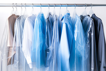 Clean clothing hanging at a modern dry cleaning service in plastic bags on white background. Concept of comprehensive fabric care, textile maintenance, professional garment care. Minimalistic style