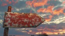 A Weathered Red Arrow Sign, Worn By Time But Still Resolute, Pointing Towards A Dramatic Sunset Sky.3D Rendering