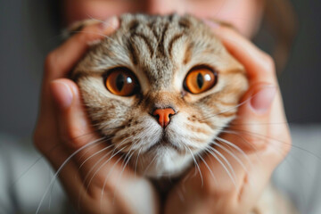 Wall Mural - A person is holding a cat with its face showing. The cat has a pink nose and is staring at the camera