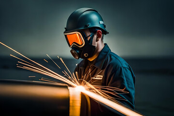 Male in face mask welds with argon arc welding.