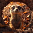 Produce a photorealistic CG wallpaper capturing a curious meerkat in vivid detail, standing guard over its intricately designed burrow