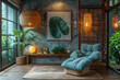 Cozy room with green plants, gray wall, wooden floor and round jute rug. A gray armchair sits in front of the window with an old wood shelf full of pots in front of it. Created with Ai