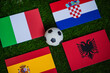 Football Tournament in Germany 2024: Group B and national flags of Spain, Croatia, Italy, Albania and soccer ball on green grass
