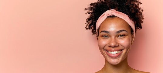 Wall Mural - Young afro american woman with pink headband on beige and pink pastel background, copy space